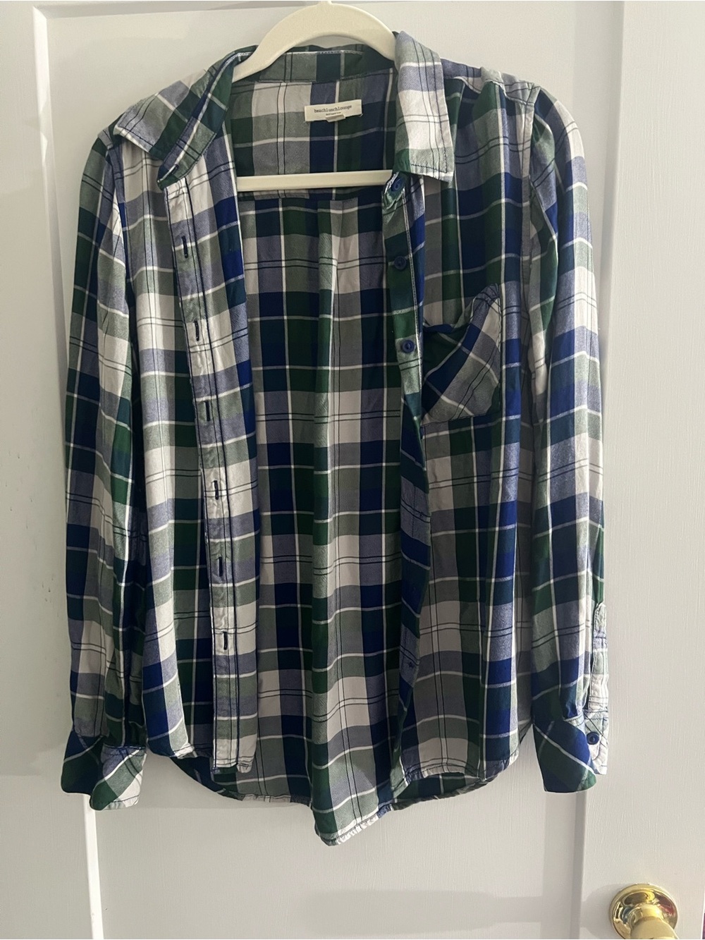 Beach lunch lounge- Green & Blue Plaid Button-Up Shirt
